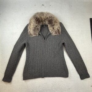 Marina Luna Cashmere Cardigan XL Gray Cable Knit Fox Fur Collar Sweater mob wife